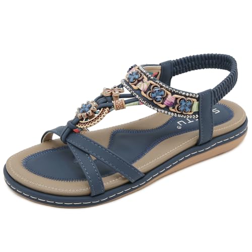 FIENZA Flache Sandalen Damen Sommer Mit Strass Mit Weiches Fussbett Rom Bohemia Sandalen Pu Leder Flip Flops Bequem Zehentrenner Sandaletten T-Riemen Elegante Strandschuhe Elastischen KnöChelriemchen von FIENZA