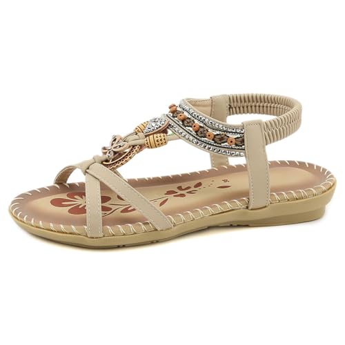 FIENZA Flache Sandalen Damen Sommer Mit Strass Mit Weiches Fussbett Rom Bohemia Sandalen Pu Leder Flip Flops Bequem Zehentrenner Sandaletten T-Riemen Elegante Strandschuhe Elastischen KnöChelriemchen von FIENZA