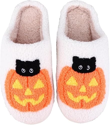 FIENZA Halloween Hausschuhe Damen Baumwolle Warme Drinnen Pantoffeln Plüsch Funny Print Damen Herren Weicher Plüsch Retro Hausschuhe Warme Pantoffeln Trendiger Slipper drinnen und draußen von FIENZA