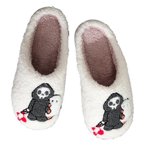 FIENZA Halloween Hausschuhe Damen Baumwolle Warme Drinnen Pantoffeln Plüsch Funny Print Damen Herren Weicher Plüsch Retro Hausschuhe Warme Pantoffeln Trendiger Slipper drinnen und draußen von FIENZA