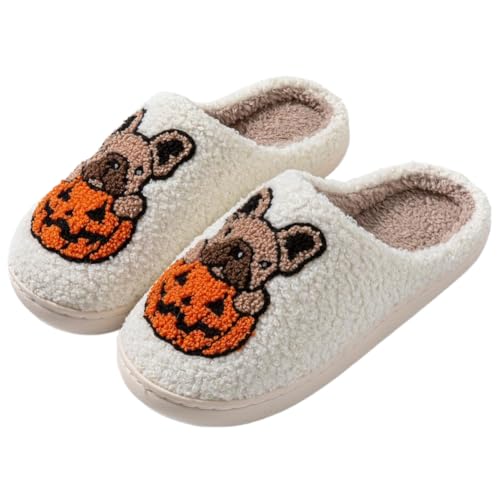 FIENZA Halloween Hausschuhe Damen Baumwolle Warme Drinnen Pantoffeln Plüsch Funny Print Damen Herren Weicher Plüsch Retro Hausschuhe Warme Pantoffeln Trendiger Slipper drinnen und draußen von FIENZA