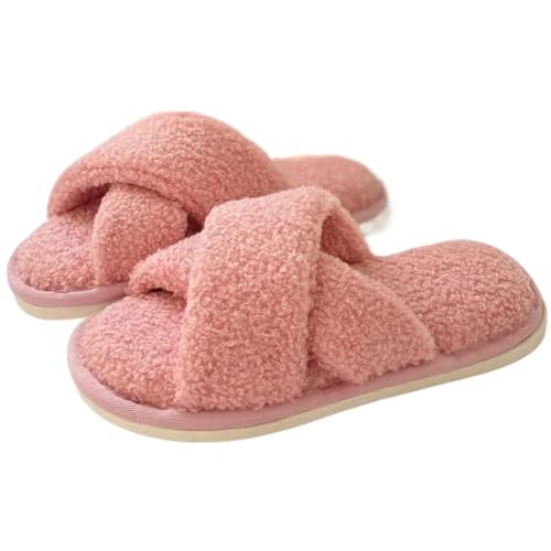 FIENZA Hausschuhe Damen PlüSch Mit Kreuzband Winter Warme Pantoffeln Furry Adiletten Damen Hausschuhe Open Toe Flache Sandalen Frauen Bequeme Memory Foam Schlappen Slides Rutschfeste Indoor/Outdoor von FIENZA