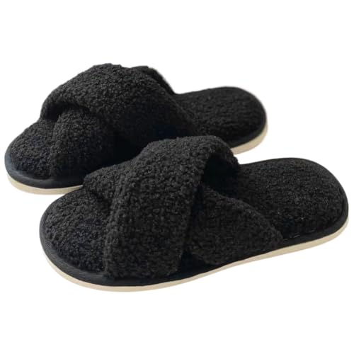 FIENZA Hausschuhe Damen PlüSch Mit Kreuzband Winter Warme Pantoffeln Furry Adiletten Damen Hausschuhe Open Toe Flache Sandalen Frauen Bequeme Memory Foam Schlappen Slides Rutschfeste Indoor/Outdoor von FIENZA