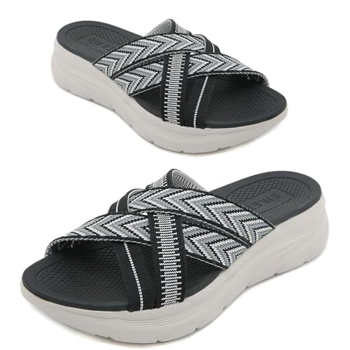 FIENZA OrthopäDische Hausschuhe Damen Pantoletten Damen Sommer Bequem Pantoletten Damen Mit Fussbett Keilabsatz Sandalen Mit FußGewöLbeunterstüTzung Rutschfest Freizeit Hausschuhe Leichte Sandalen von FIENZA