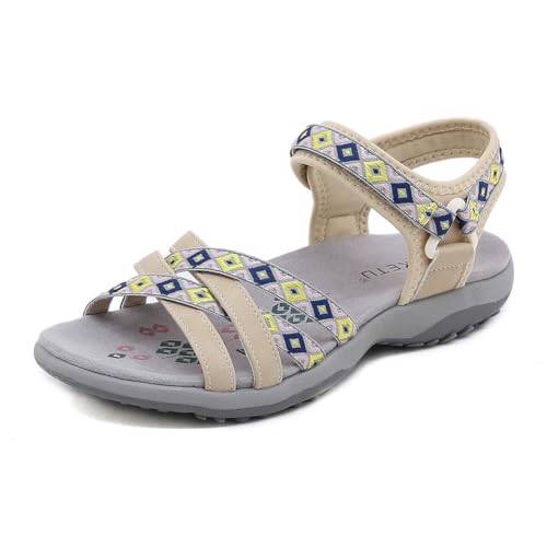 FIENZA Outdoor Sandalen Damen Trekkingsandalen Frauen Sommer Wandersandalen OrthopäDische Sandalen Bequem Trekking Sport Flach Cross-Tied Beach Peeptoe Verstellbare Klettverschluss Walking Schuhe von FIENZA