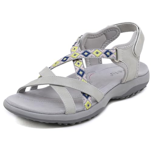 FIENZA Outdoor Sandalen Damen Trekkingsandalen Frauen Sommer Wandersandalen OrthopäDische Sandalen Bequem Trekking Sport Flach Cross-Tied Beach Peeptoe Verstellbare Klettverschluss Walking Schuhe von FIENZA