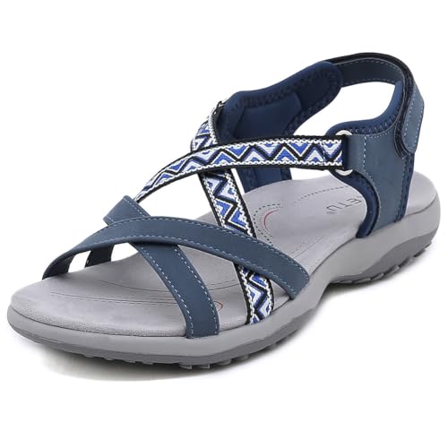 FIENZA Outdoor Sandalen Damen Trekkingsandalen Frauen Sommer Wandersandalen OrthopäDische Sandalen Bequem Trekking Sport Flach Cross-Tied Beach Peeptoe Verstellbare Klettverschluss Walking Schuhe von FIENZA