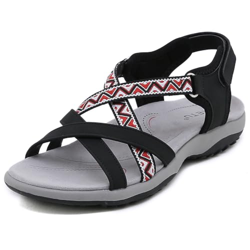 FIENZA Outdoor Sandalen Damen Trekkingsandalen Frauen Sommer Wandersandalen OrthopäDische Sandalen Bequem Trekking Sport Flach Cross-Tied Beach Peeptoe Verstellbare Klettverschluss Walking Schuhe von FIENZA