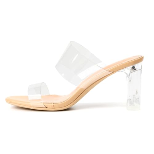 FIENZA Pantoletten Damen Mit Absatz Aus Transparentem Material,Sandalen Damen Mit Blockabsatz,Sandalen Mit Offener Spitze Und Klobigen High Heels,Mit Zwei Streifen Am Schaft Und Transparentem Absatz von FIENZA