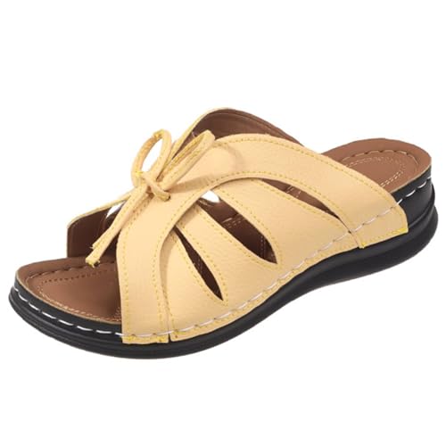 FIENZA Pantoletten Damen OrthopäDische hausschuhe Keilabsatz Leder Hausschuhe Vintage Sommerschuhe Freizeit Wedge Mit Absatz Mit Fussbett Slides Slipperstrandschuhe Peep Toe Plateau Sandalen von FIENZA