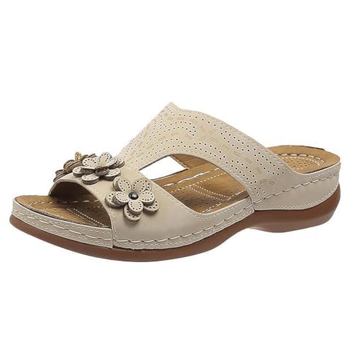 FIENZA Pantoletten Orthopädische Hausschuhe Damen Keilabsatz Leder Hausschuhe Vintage Sommerschuhe Freizeit Wedge Mit Absatz Mit Fussbett Slides Slipperstrandschuhe Peep Toe Plateau Sandalen von FIENZA