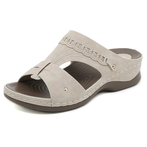 FIENZA Pantoletten Orthopädische Hausschuhe Damen Keilabsatz Leder Hausschuhe Vintage Sommerschuhe Freizeit Wedge Mit Absatz Mit Fussbett Slides Slipperstrandschuhe Peep Toe Plateau Sandalen von FIENZA
