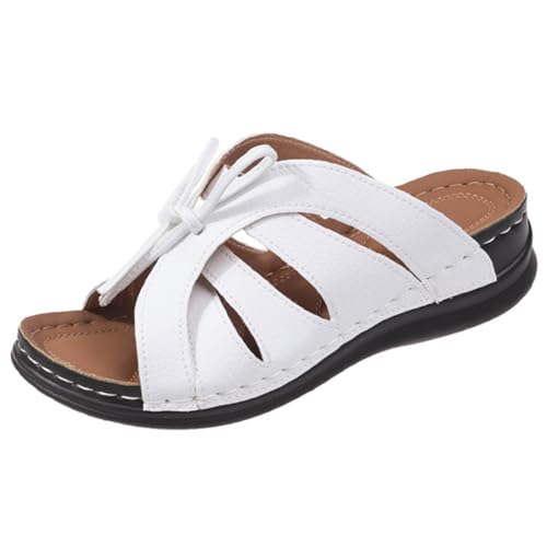 FIENZA Pantoletten Orthopädische Hausschuhe Damen Keilabsatz Leder Hausschuhe Vintage Sommerschuhe Freizeit Wedge Mit Absatz Mit Fussbett Slides Slipperstrandschuhe Peep Toe Plateau Sandalen von FIENZA