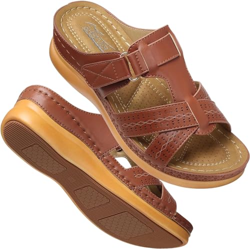 FIENZA Pantoletten Orthopädische Hausschuhe Damen Keilabsatz Leder Hausschuhe Vintage Sommerschuhe Freizeit Wedge Mit Absatz Mit Fussbett Slides Slipperstrandschuhe Peep Toe Plateau Sandalen von FIENZA