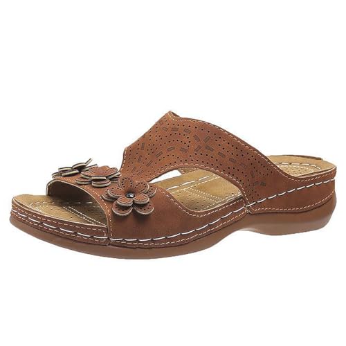 FIENZA Pantoletten Orthopädische Hausschuhe Damen Keilabsatz Leder Hausschuhe Vintage Sommerschuhe Freizeit Wedge Mit Absatz Mit Fussbett Slides Slipperstrandschuhe Peep Toe Plateau Sandalen von FIENZA