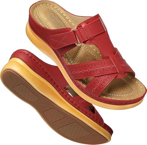 FIENZA Pantoletten Orthopädische Hausschuhe Damen Keilabsatz Leder Hausschuhe Vintage Sommerschuhe Freizeit Wedge Mit Absatz Mit Fussbett Slides Slipperstrandschuhe Peep Toe Plateau Sandalen von FIENZA