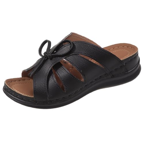 FIENZA Pantoletten Orthopädische Hausschuhe Damen Keilabsatz Leder Hausschuhe Vintage Sommerschuhe Freizeit Wedge Mit Absatz Mit Fussbett Slides Slipperstrandschuhe Peep Toe Plateau Sandalen von FIENZA