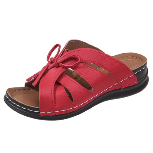 FIENZA Pantoletten Orthopädische Hausschuhe Damen Keilabsatz Leder Hausschuhe Vintage Sommerschuhe Freizeit Wedge Mit Absatz Mit Fussbett Slides Slipperstrandschuhe Peep Toe Plateau Sandalen von FIENZA