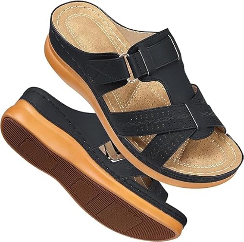 FIENZA Pantoletten Orthopädische Hausschuhe Damen Keilabsatz Leder Hausschuhe Vintage Sommerschuhe Freizeit Wedge Mit Absatz Mit Fussbett Slides Slipperstrandschuhe Peep Toe Plateau Sandalen von FIENZA