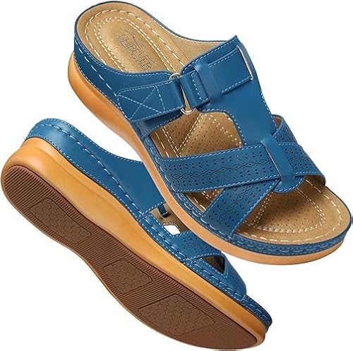 FIENZA Pantoletten Orthopädische Hausschuhe Damen Keilabsatz Leder Hausschuhe Vintage Sommerschuhe Freizeit Wedge Mit Absatz Mit Fussbett Slides Slipperstrandschuhe Peep Toe Plateau Sandalen von FIENZA