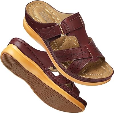 FIENZA Pantoletten Orthopädische Hausschuhe Damen Keilabsatz Leder Hausschuhe Vintage Sommerschuhe Freizeit Wedge Mit Absatz Mit Fussbett Slides Slipperstrandschuhe Peep Toe Plateau Sandalen von FIENZA