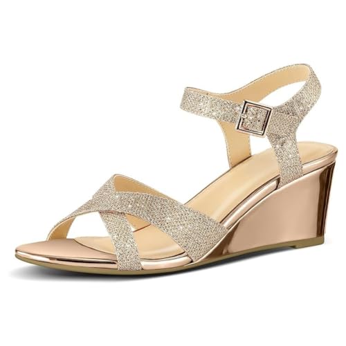 FIENZA Sandalen Damen Keilsandalen Pumps Sandale Mit KnöChelriemen Niedrigem Keilabsatz Sommer Offener Zehenbereich LäSsig Mit Absatz Strandsandalen Plateau Hochzeit Glitzer Strass Damen Sandaletten von FIENZA