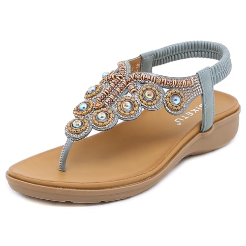 FIENZA Sandalen Damen Sommer Flache Zehentrenner Mit Strass Damen Bohemian Flip Flops Leder T-Riemen-Sandalen OrthopäDische Sandalen Damen Gummiband Slingback Beach Sandaletten Mit Weiche FußBett von FIENZA