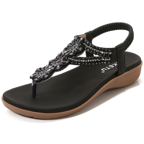 FIENZA Sandalen Damen Sommer Flache Zehentrenner Mit Strass Damen Bohemian Flip Flops Leder T-Riemen-Sandalen OrthopäDische Sandalen Damen Gummiband Slingback Beach Sandaletten Mit Weiche FußBett von FIENZA