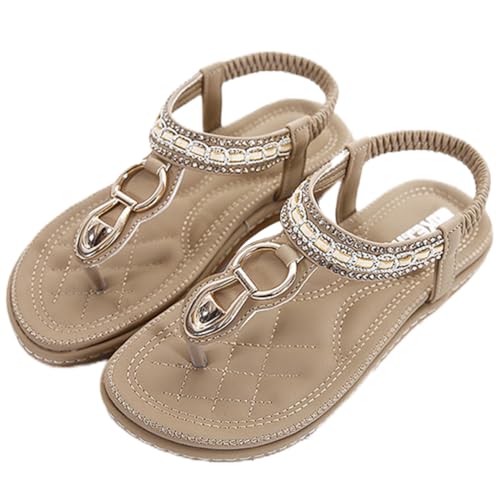 FIENZA Sandalen Damen Sommer Flache Zehentrenner Mit Strass Damen Bohemian Flip Flops Leder T-Riemen-Sandalen OrthopäDische Sandalen Damen Gummiband Slingback Beach Sandaletten Mit Weiche FußBett von FIENZA