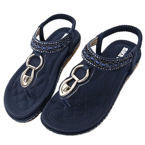 FIENZA Sandalen Damen Sommer Flache Zehentrenner Mit Strass Damen Bohemian Flip Flops Leder T-Riemen-Sandalen OrthopäDische Sandalen Damen Gummiband Slingback Beach Sandaletten Mit Weiche FußBett von FIENZA