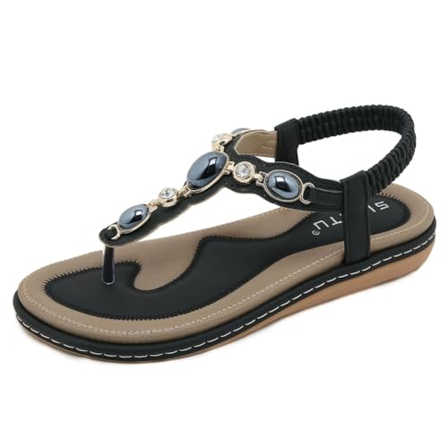 FIENZA Sandalen Damen Sommer Flache Zehentrenner Mit Strass Damen Bohemian Flip Flops Leder T-Riemen-Sandalen OrthopäDische Sandalen Damen Gummiband Slingback Beach Sandaletten Mit Weiche FußBett von FIENZA