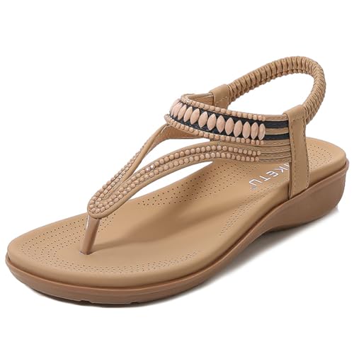 FIENZA Sandalen Damen Sommer Flache Zehentrenner Mit Strass Damen Bohemian Flip Flops Leder T-Riemen-Sandalen OrthopäDische Sandalen Damen Gummiband Slingback Beach Sandaletten Mit Weiche FußBett von FIENZA