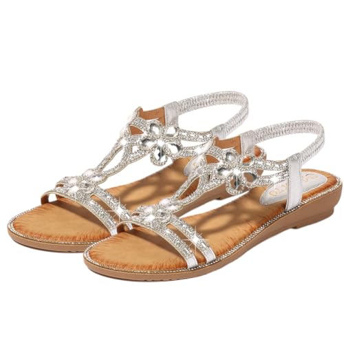 FIENZA Sandalen Damen Sommer Mit Strass Perlen Flach T-Riemen Frauen Bohemian Strass Sandals Sommerschuhe Pu Leder Elastischen Strand Schuhe Freizeit Zehentrenner Keilabsatz Elegant Sandalen von FIENZA