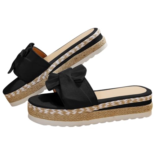 FIENZA Sandalen Pantoletten Damen Flache Plateau Sommer Schleife Blume Schlappen Sandaletten Sommerschuhe Strand Schuhe Espadrilles RöMersandalen Pantoletten Badelatschen Anti-Rutsch-Sandalen von FIENZA