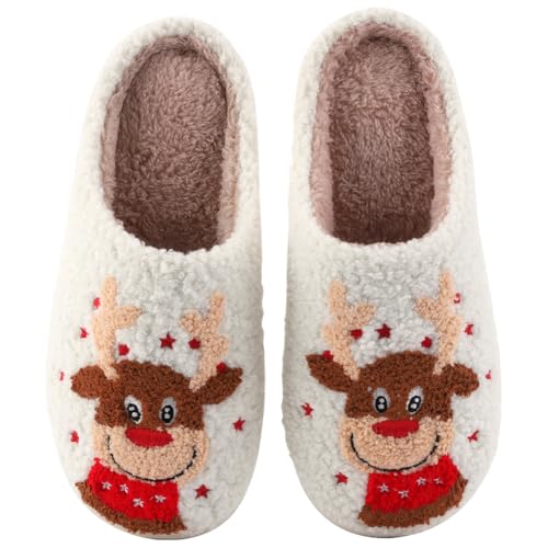 FIENZA Weihnachts Hausschuhe Damen Plüsch Hausschuhe Rentier Pantoffeln Damen Weihnachtsmann Cozy Warme Slippers,Lustige Geschenke for Weihnachten von FIENZA