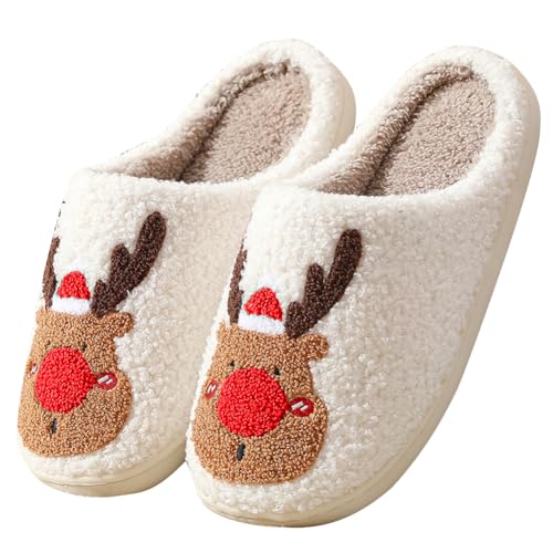 FIENZA Weihnachts Hausschuhe Damen Plüsch Hausschuhe Rentier Pantoffeln Damen Weihnachtsmann Cozy Warme Slippers,Lustige Geschenke for Weihnachten von FIENZA