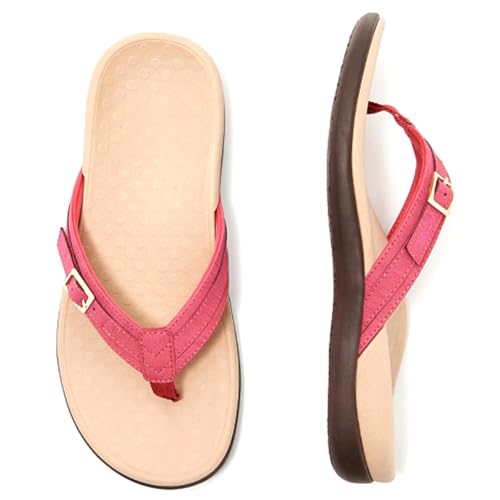 FIENZA Zehentrenner Damen Flip Flops mit Arch Support orthopädische Hausschuhe Damen pantoletten mit Kork Fußbett Sandalen für Plantar Fasciitis Weich Leder Sommer Beach Rutschfest Badelatschen von FIENZA