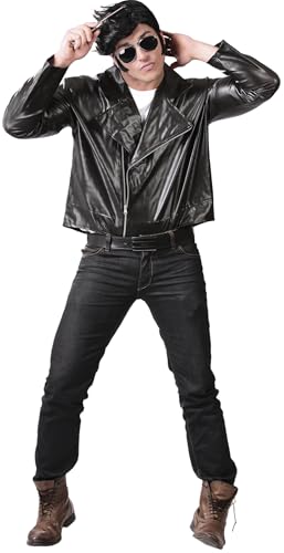 FIESTAS GUIRCA Rocker Bikerjacke Zubehör für Herren Kostüm – Schwarze Lederjacke aus Lederimitat – 50er Bad Boy Herren Kostüm Karneval Fasching Größe M 48-50 von FIESTAS GUIRCA
