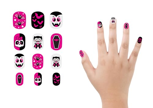 FIESTAS GUIRCA | Rosa Vampir Selbstklebende Fingernägel für Kinder - Set 12 Nägel mit Kleber - Künstliche Nägel mit Halloween Design für Kinder in Rosa, Schwarz von FIESTAS GUIRCA