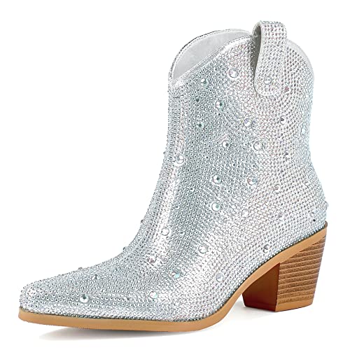 FIFSY Cowboy-Stiefeletten für Damen, mit Strasssteinen, klobiger Absatz, glitzernd, Cowgirl-Stiefeletten, silber, 43 EU von FIFSY