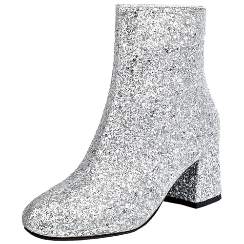 FIFSY Damen Glitzernde Stiefeletten Pailletten Glitzer Booties Chunky High Heels, silber, 38.5 EU von FIFSY