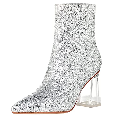 FIFSY Damen-Stiefeletten mit transparentem Absatz, glitzernd, klobiger Absatz, Pailletten, Glitzer, Stiefeletten, silber, 41 EU von FIFSY