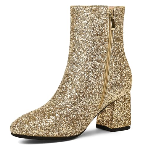 FIFSY Glitzernde Damen-Stiefeletten, Pailletten, Glitzer, klobige High Heels, goldfarben, Größe 40, Gold, 40 EU von FIFSY