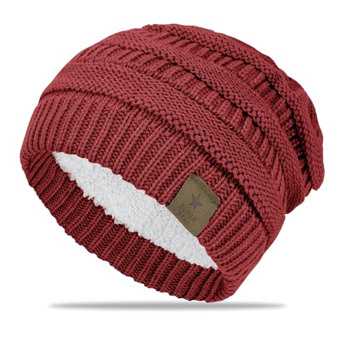 FIFTHAVE Beanie Mütze Damen Wintermütze Mädchen Strickmütze Beanie Hat Warme Mütze Herbst Beany Hut mit Weichem Fleece Innenfutter für Outdoor Weinrot von FIFTHAVE