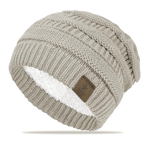 FIFTHAVE Beanie Mütze Herren Wintermütze Strickmütze Beanie Hat Warme Mütze Herbst Beany Hut mit Weichem Fleece Innenfutter für Outdoor Hellgrau von FIFTHAVE