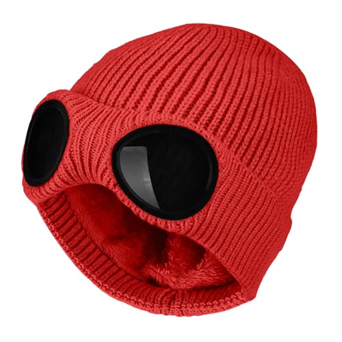 FIFTHAVE Beanie Mütze Herren & Damen, Wollmütze Wintermütze Strickmütze Beany Mütze Hut Laufmütze mit Brille Weich Stretchy Hüte Warme Outdoor Sport Cap Rot von FIFTHAVE