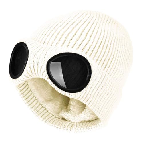 FIFTHAVE Beanie Mütze Wollmütze für Herren und Damen,Unisex Wintermütze mit Schutzbrille Weich Warm Hut Gefüttert Strickmütze Winter Strick Hüte Warme Herbst Outdoor Sports Cap Weiß von FIFTHAVE