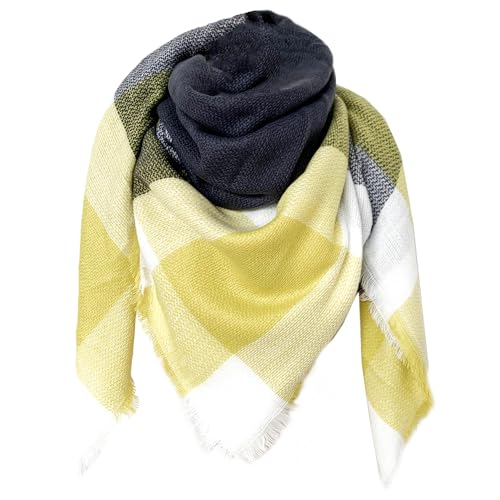 FIFTHAVE Schal Damen Scarf Women Tuch Schal Winterschal Karo Herbst Strickschal Weich Warmer Deckenschal Poncho Cape Herbstschal Dreieckstuch Gelb 02 von FIFTHAVE