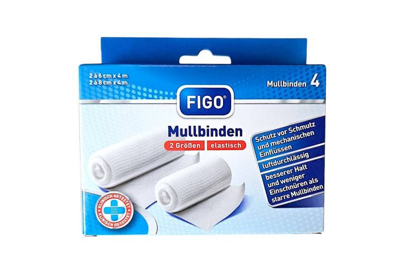 FIGO Wundpflaster Mullbinden elastisch 4 Stück 2 Größen 6x4m & 8x4m luftdurchlässig (4 St), Elastisch, atmungsaktiv & sicher fixiert von FIGO