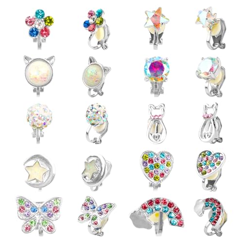 FIHODONE 10 Paar Ohrclips Mädchen Hypoallergene,Clip Ohrringe Mädchen Herz Stern Blumen Regenbogenohrclips Damen Ohne Ohrlöcher Katze Kreis Schmetterling Sterne und Mond,Clips Ohrringe Schmuck von FIHODONE